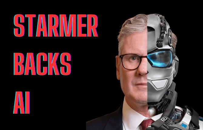 Split image showing Keir Starmer's face on the left side and a metallic robot or AI face on the right side, with red text text visible against a black background. The image suggests a fusion of human leadership and artificial intelligence, with Starmer wearing glasses and a red tie in his portion of the image.